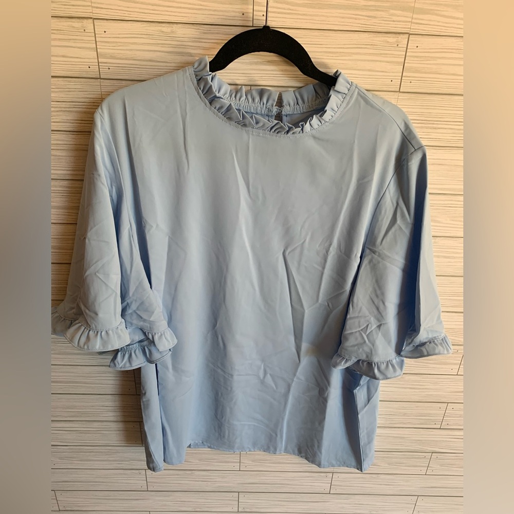 Myosotis Light Blue Ruffle Neck Short Sleeve Top